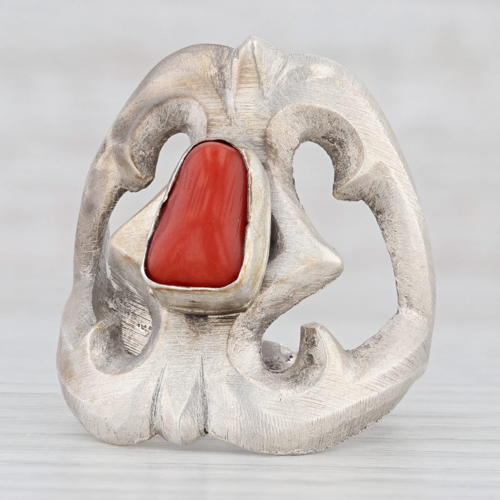 Light Gray Chimney Butte Coral Ring Sand Cast Sterling Silver Native American Navajo