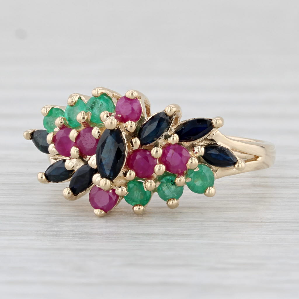 Light Gray 1.42ctw Sapphire Ruby Emerald Cluster Ring 10k Yellow Gold Size 8.25