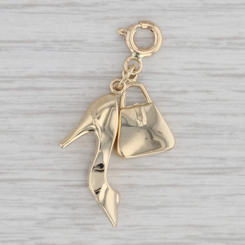 Gray Purse & Stiletto Charm 14k Yellow Gold Fashion Themed Pendant Hand Bag Shoe