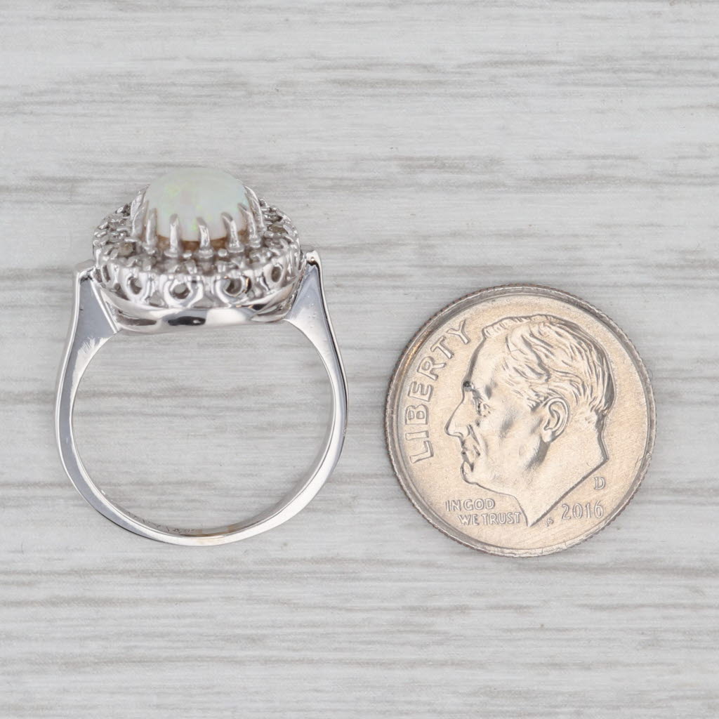 Oval Cabochon Opal Diamond Halo Ring 14k White Gold Size 6