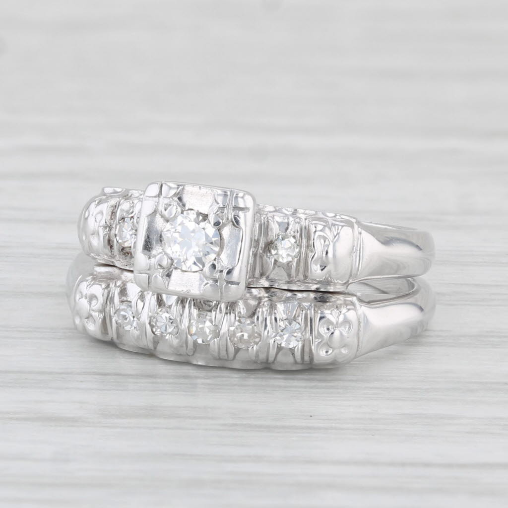 Light Gray 0.14ctw Diamond Engagement Ring Wedding Band Bridal Set 14k Gold Size 4