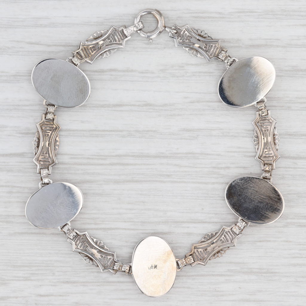 Light Gray Carved Shell Oval Cameo Filigree Bracelet 6.75" 14k White Gold