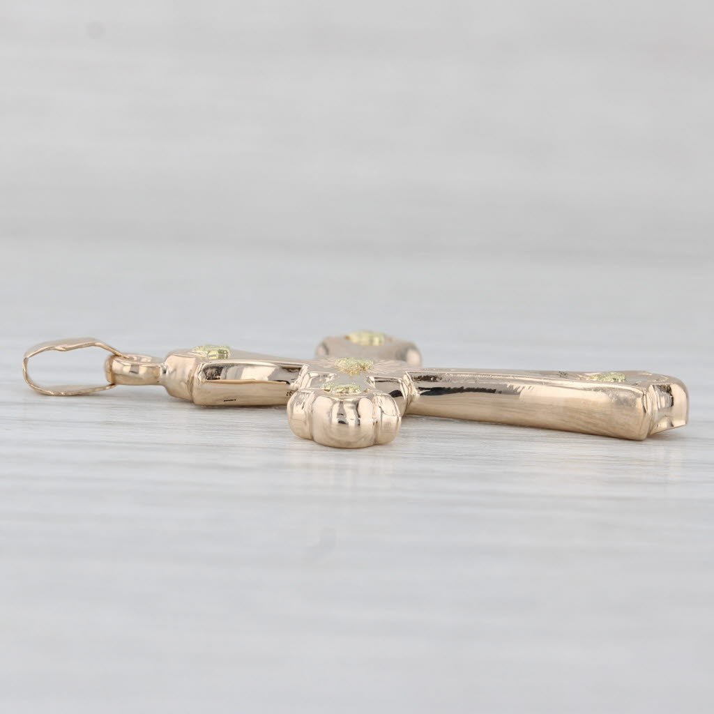Light Gray Floral Cross Pendant 14k Yellow Green Gold Vintage Religious Jewelry