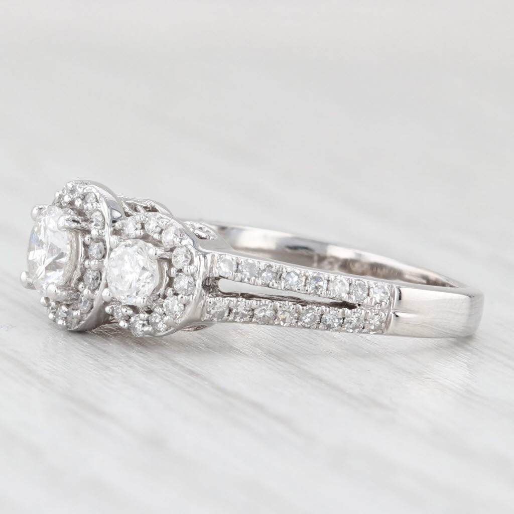 Light Gray 0.97ctw Diamond 3-Stone Halo Engagement Ring 14k White Gold Size 5.75