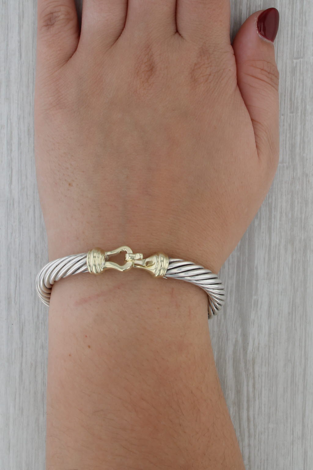 6.5" Cable Bangle Bracelet Sterling Silver 14k Gold Hook Clasp 7.3mm