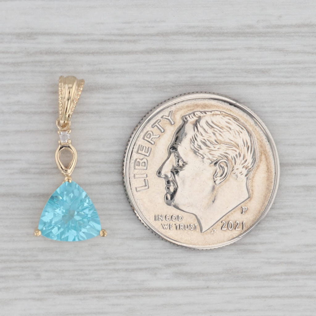 Gray 1.00ct Blue Apatite Diamond Drop Pendant 10K Yellow Gold Trillion Solitaire