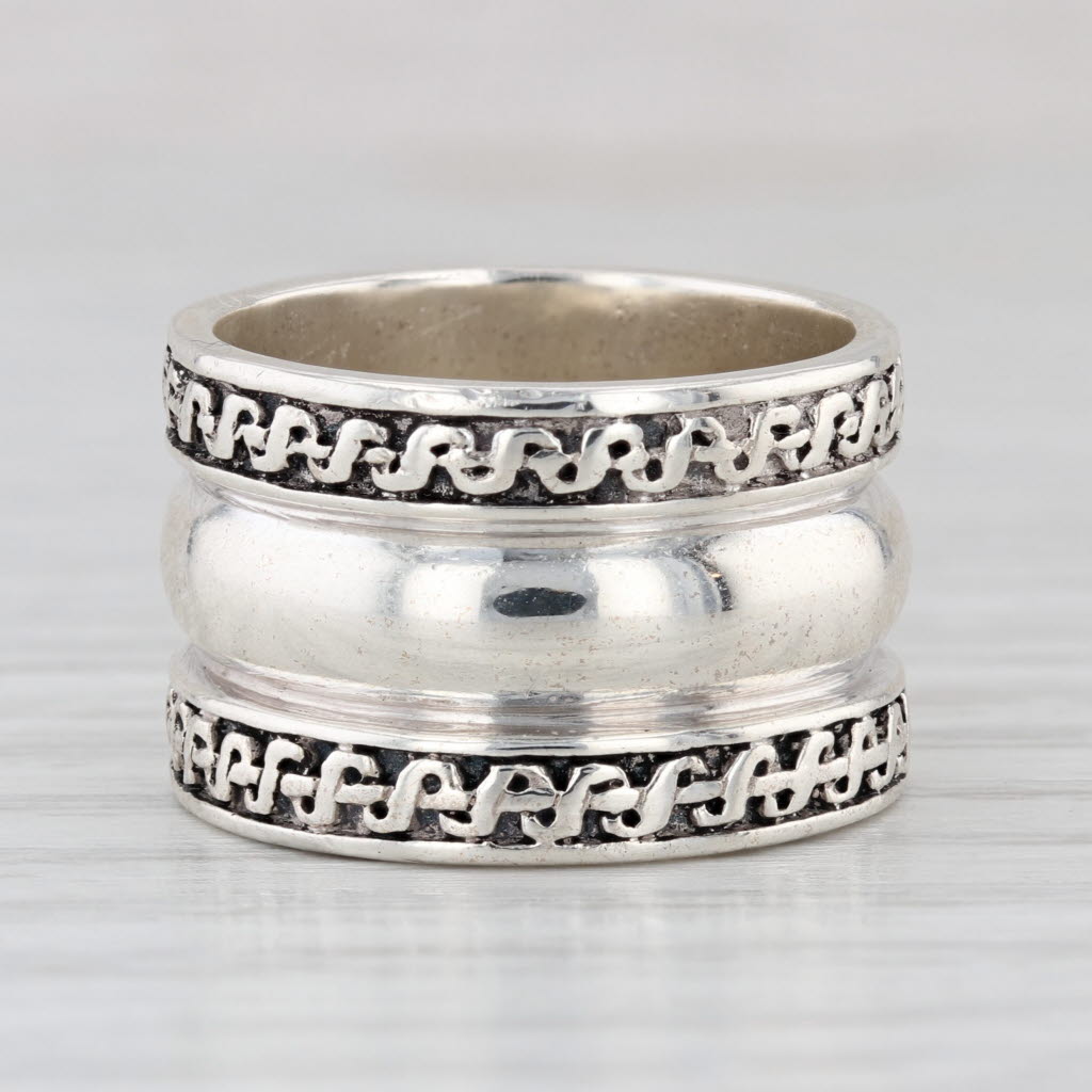 Wide Band Patterned Statement Ring Sterling Silver Size 6.75 12.7mm