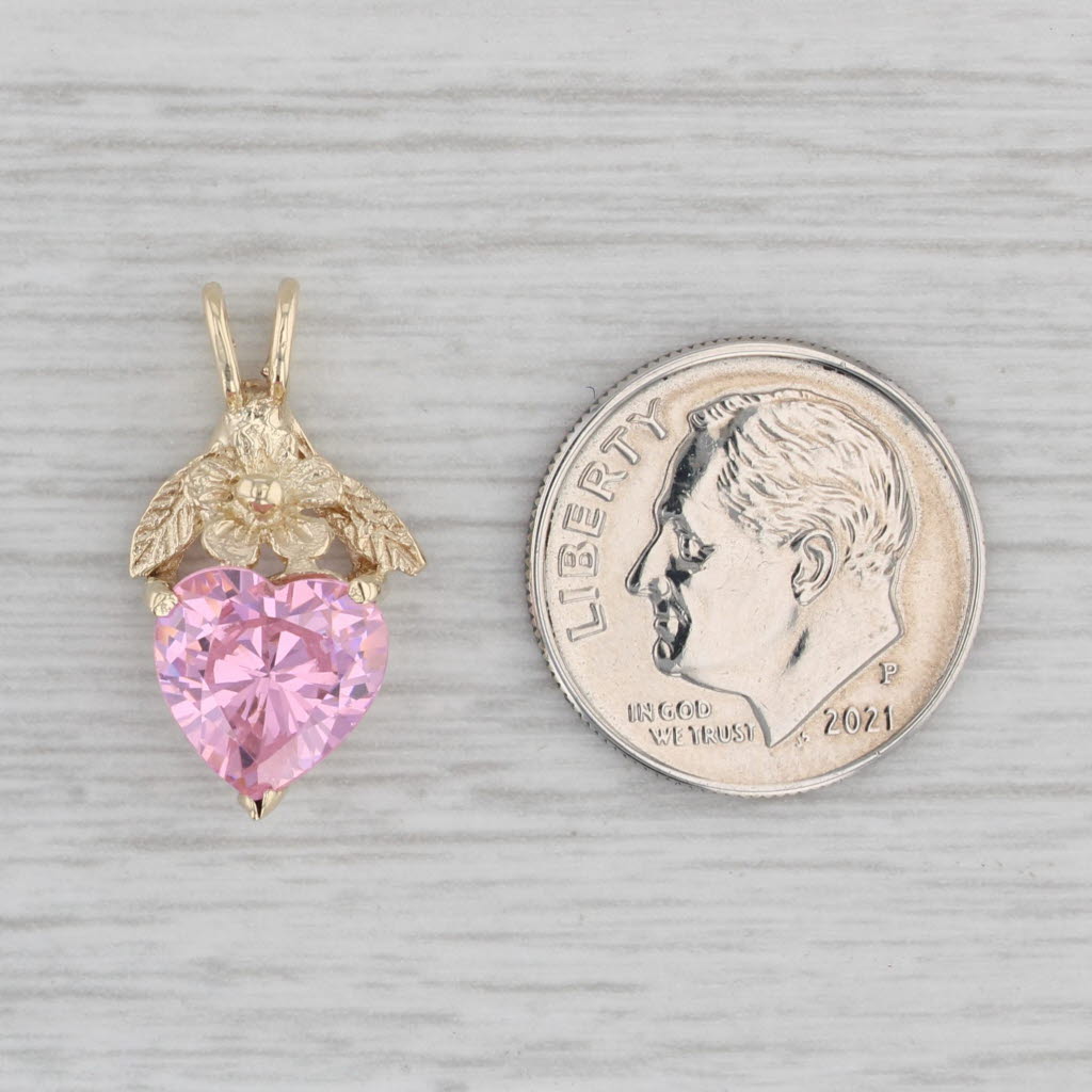 Gray 4.15ct Pink Ice Cubic Zirconia Heart Pendant 10k Yellow Gold Floral