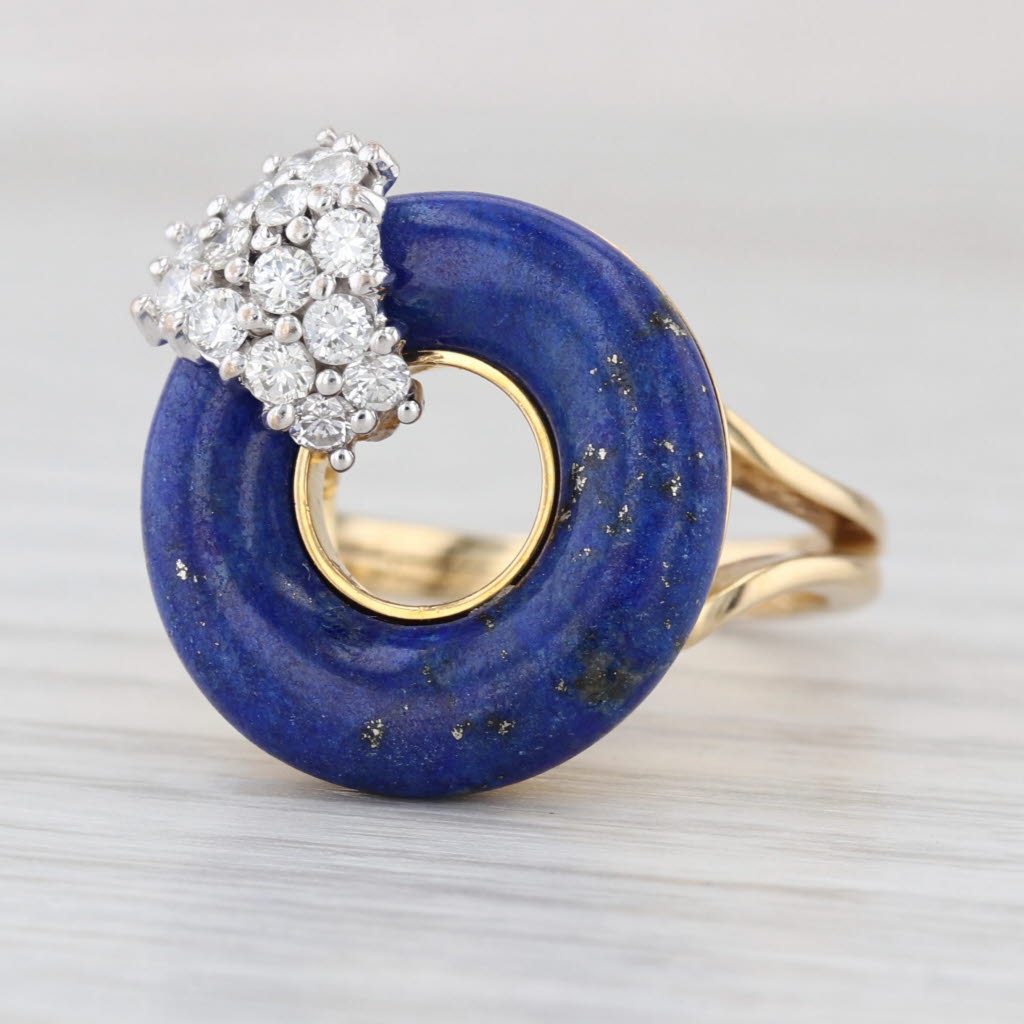 0.48ctw Diamond Blue Lapis Lazuli Hololith Ring 18k Yellow Gold Size 6