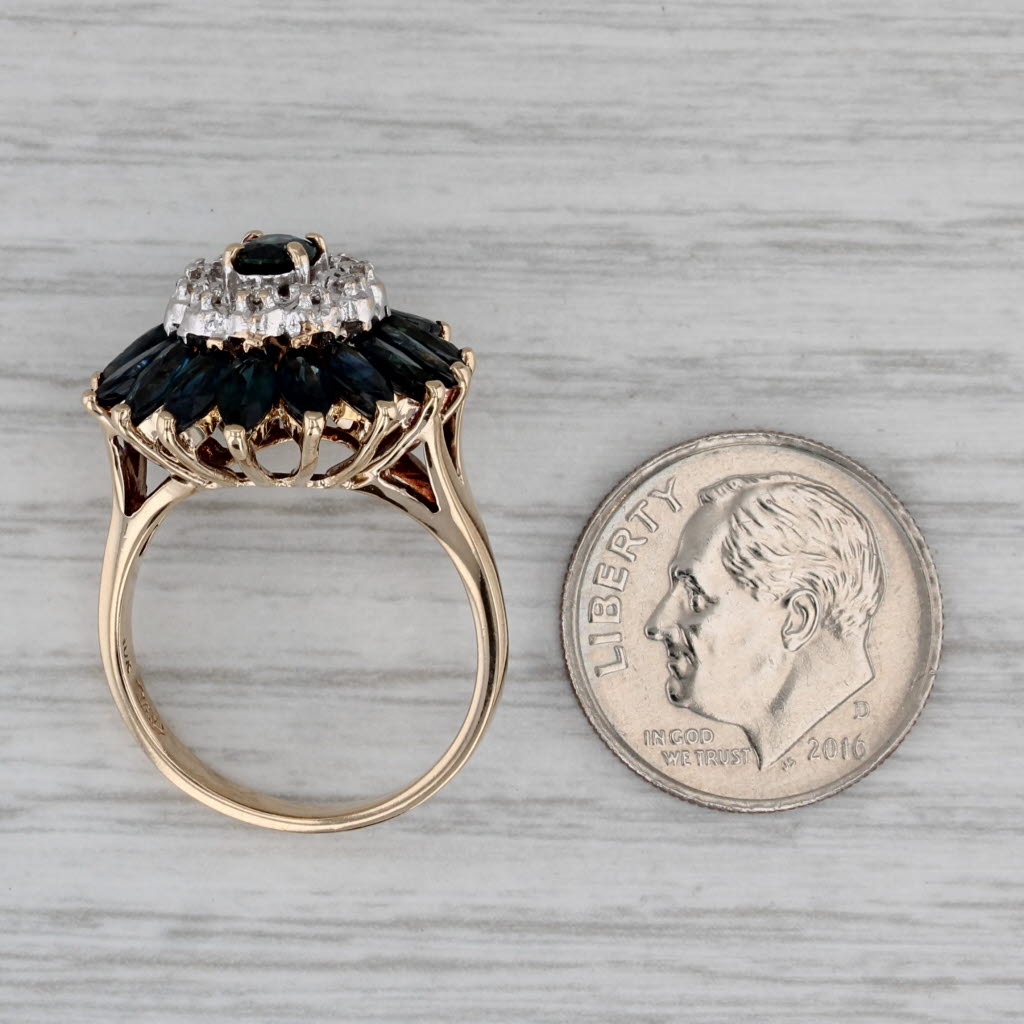 Gray 3.34ctw Blue Sapphire Diamond Flower Ring 10k Yellow Gold Size 6.25 Cocktail