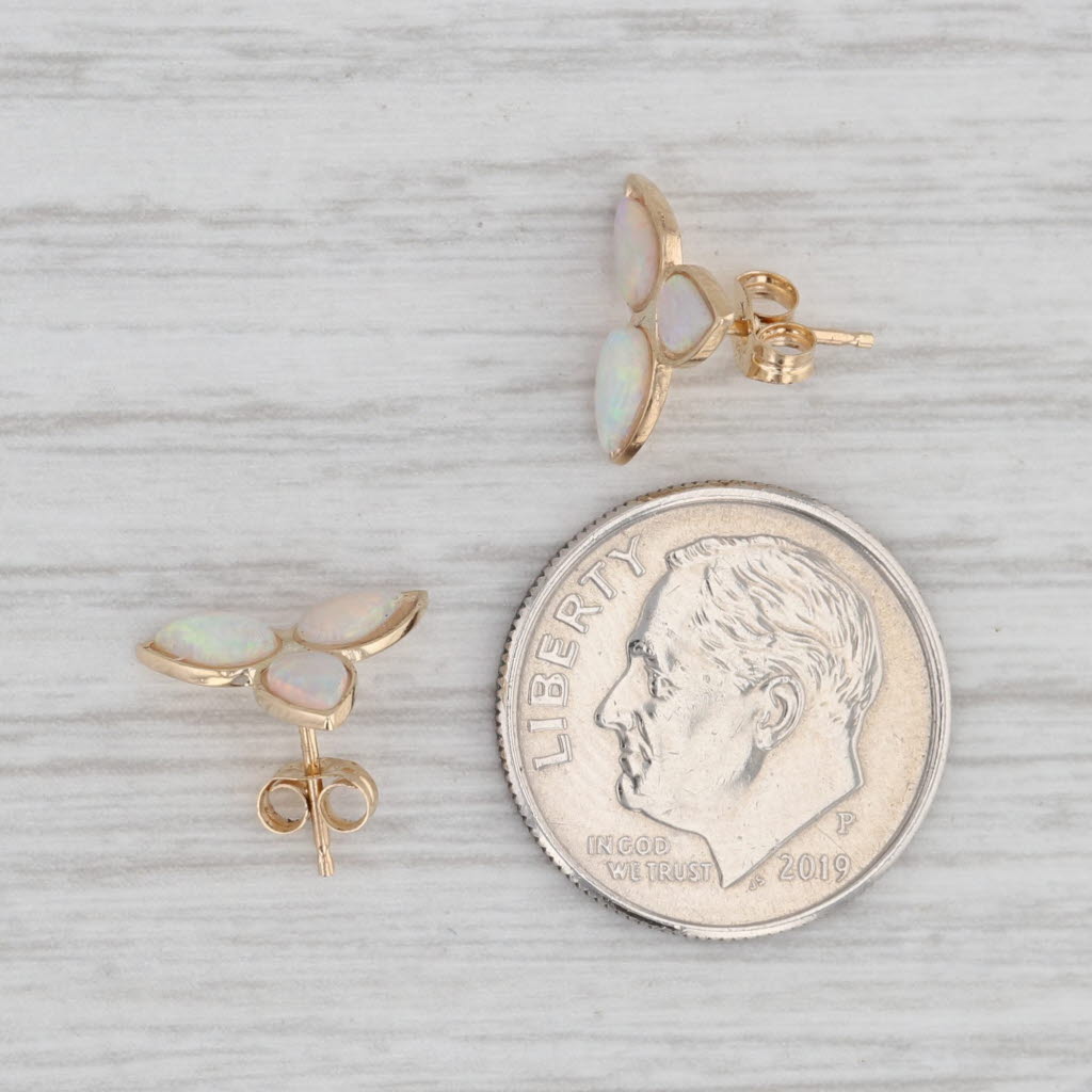 Light Gray 3-Stone Opal Cabochon Stud Earrings 14k Yellow Gold