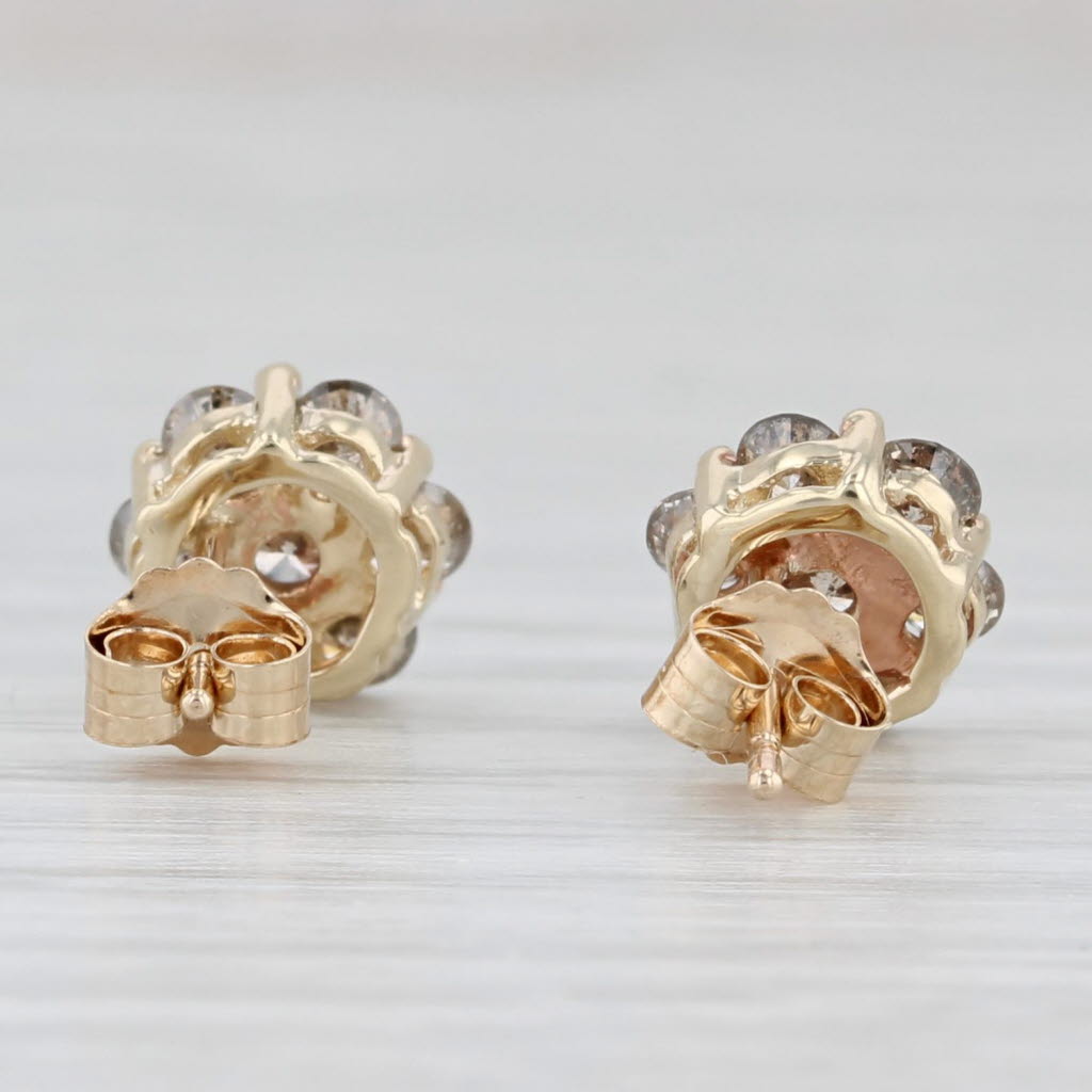Light Gray 0.90ctw Diamond Flower Cluster Stud Earrings 10k Yellow Gold