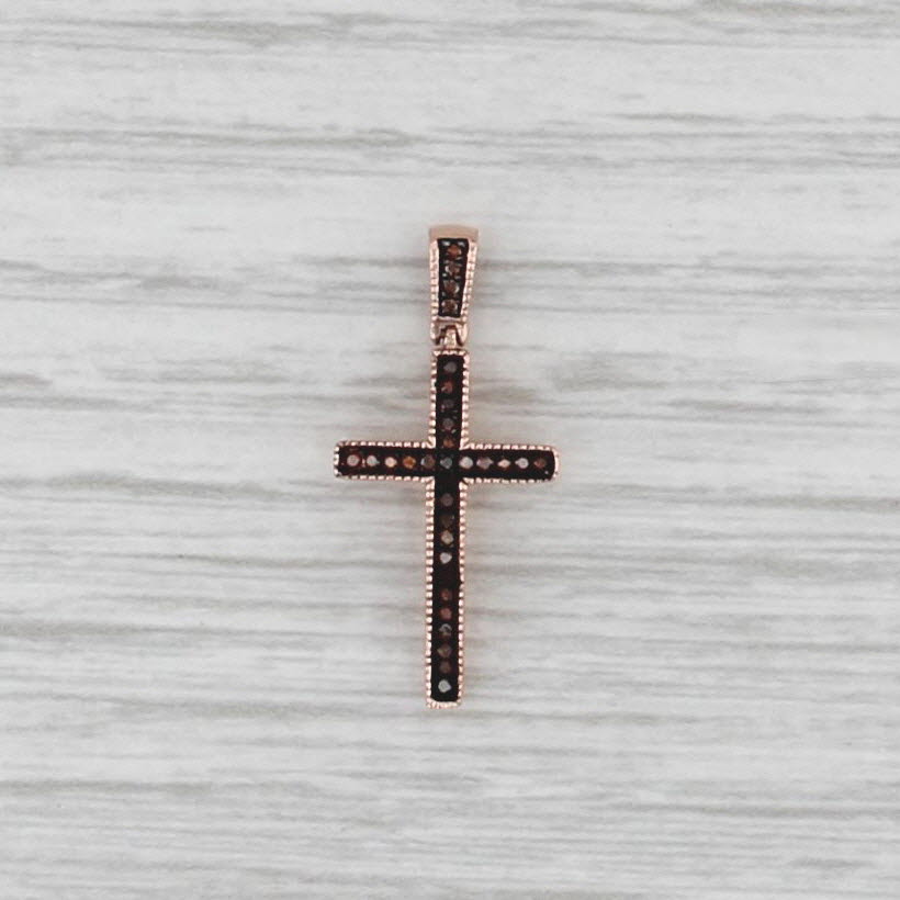 Brown Orange Diamond Cross Pendant 10k Rose Gold Small Drop