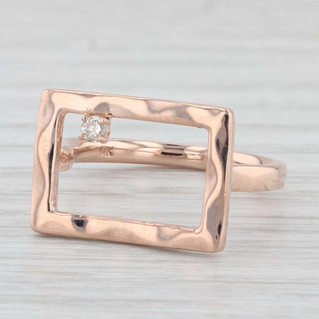 Light Gray Diamond Accented Abstract Rectangle Ring Hammered 14k Rose Gold Size 6.75