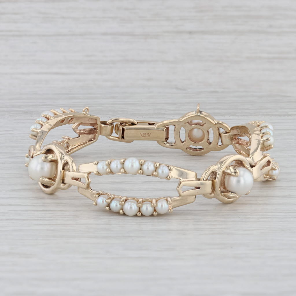 Gray Vintage Cultured Pearl Bracelet 14K Yellow Gold 7" Statement