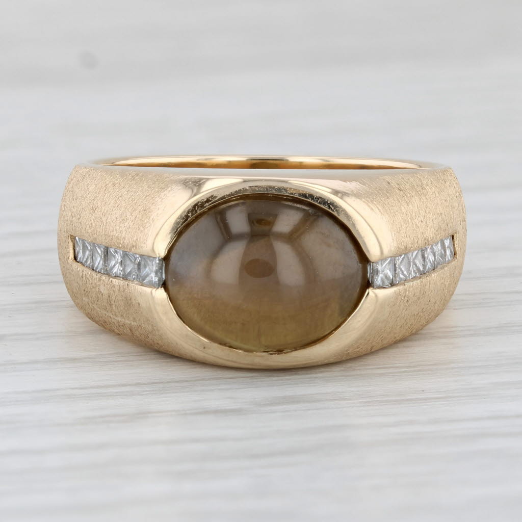 Light Gray Brown Cat's Eye Chrysoberyl Diamond Ring 14k Yellow Gold Size 10.5 Men's GIA