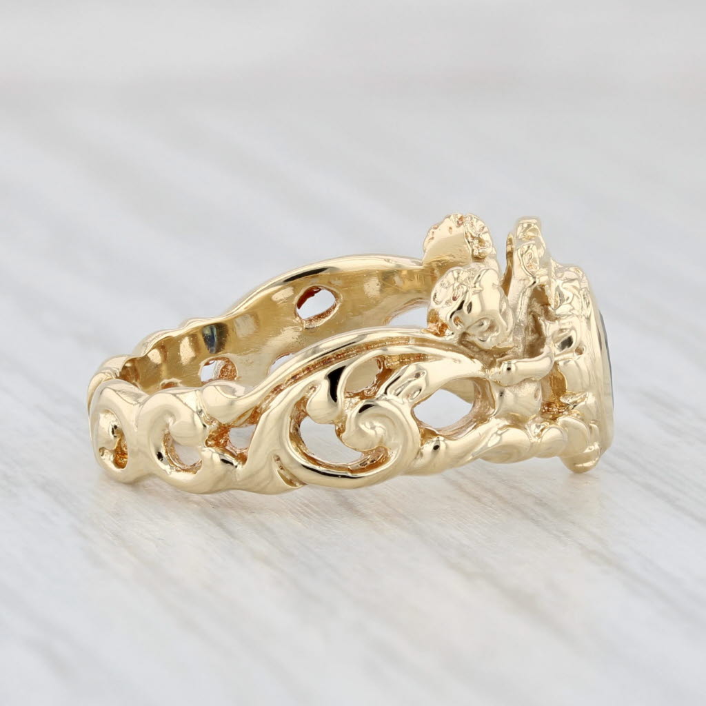 Light Gray 0.41ct Blue Sapphire Teardrop Ring 18k Yellow Gold Size 7 Heraldic Cherubs
