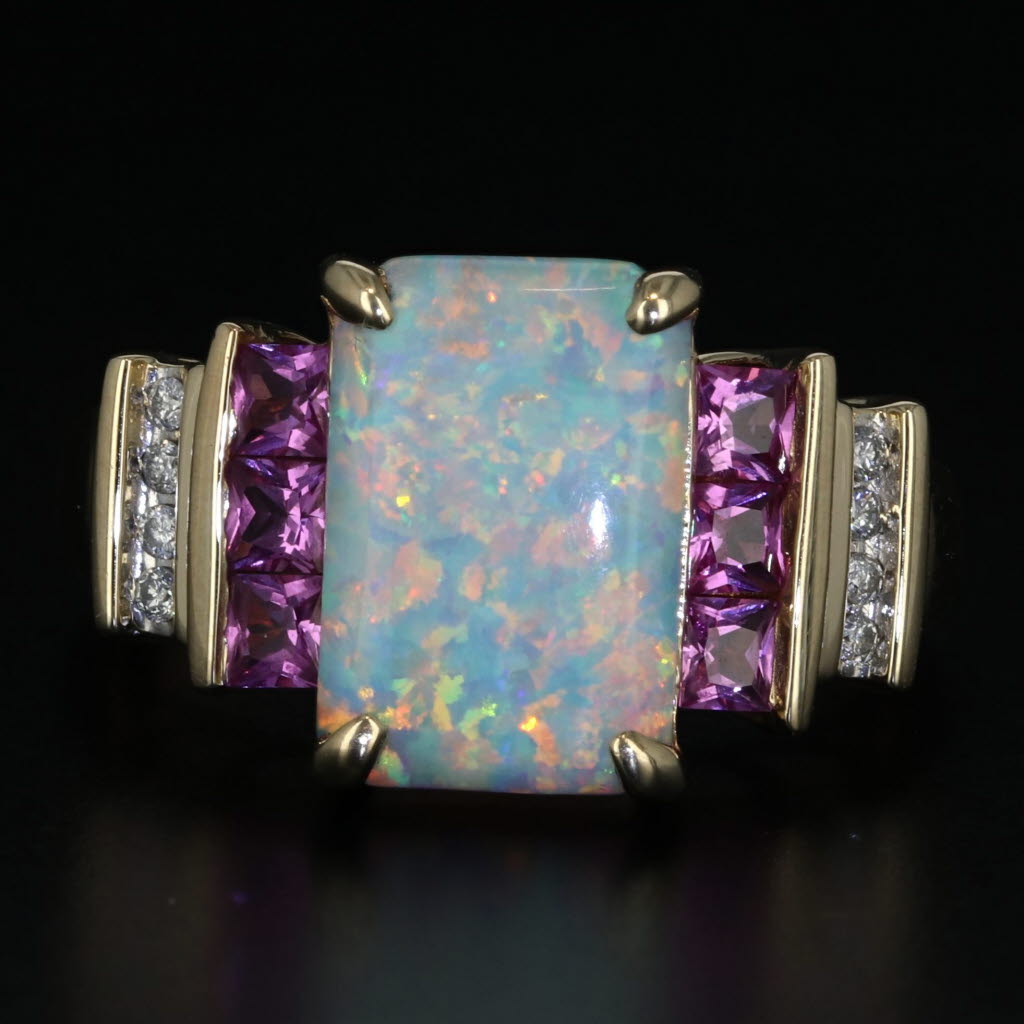 Dark Gray Diamond Lab Created Opal Sapphire Ring 10k Yellow Gold Size 5.25