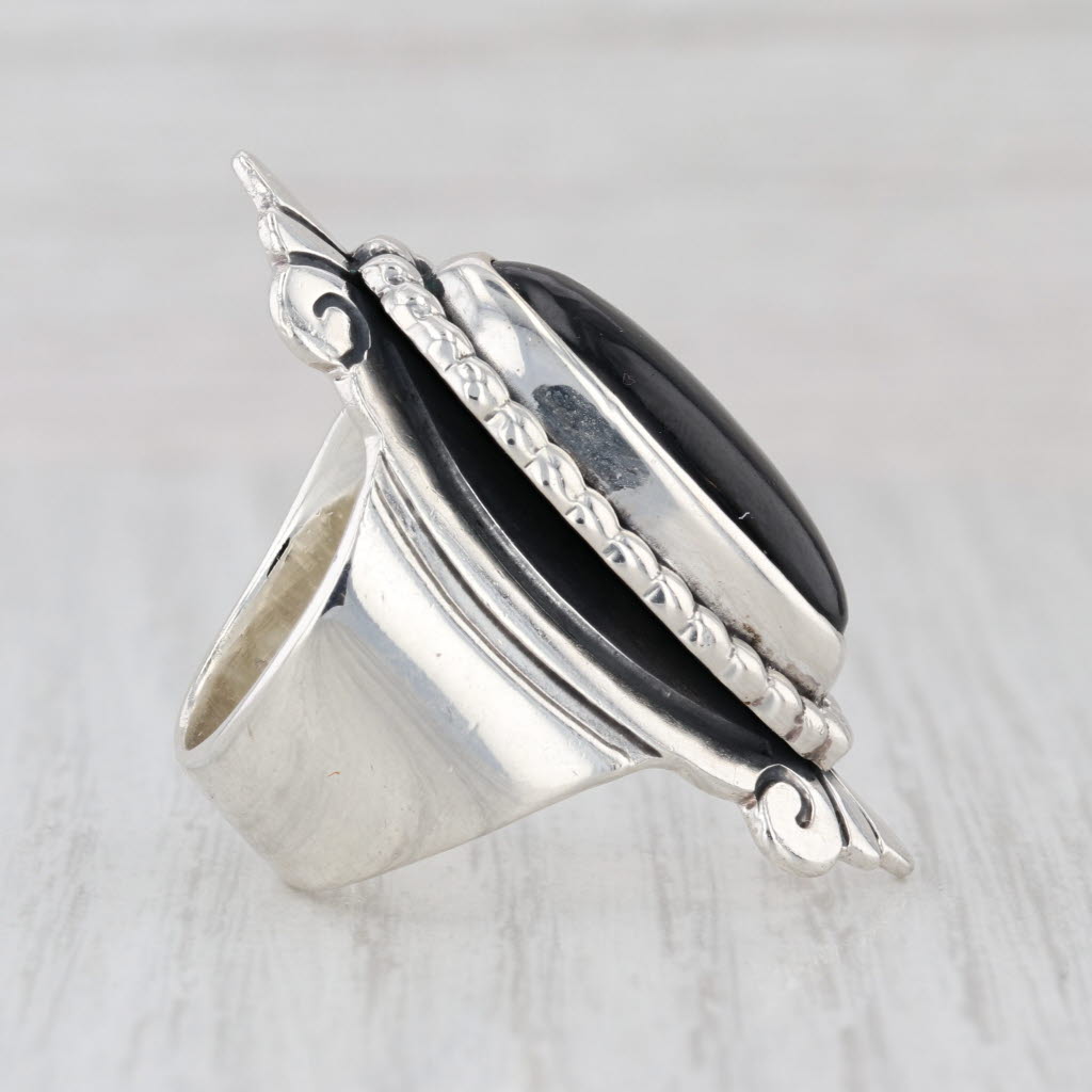 Obsidian Black Oval Cabochon Sterling Silver Ring Size 6.5 Statement