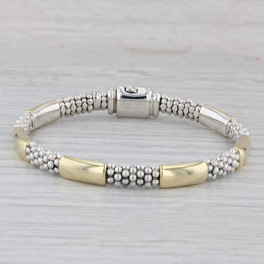 Gray Lagos Caviar Six Station Bracelet Sterling Silver 18k Gold Pouch Booklet 6.75"