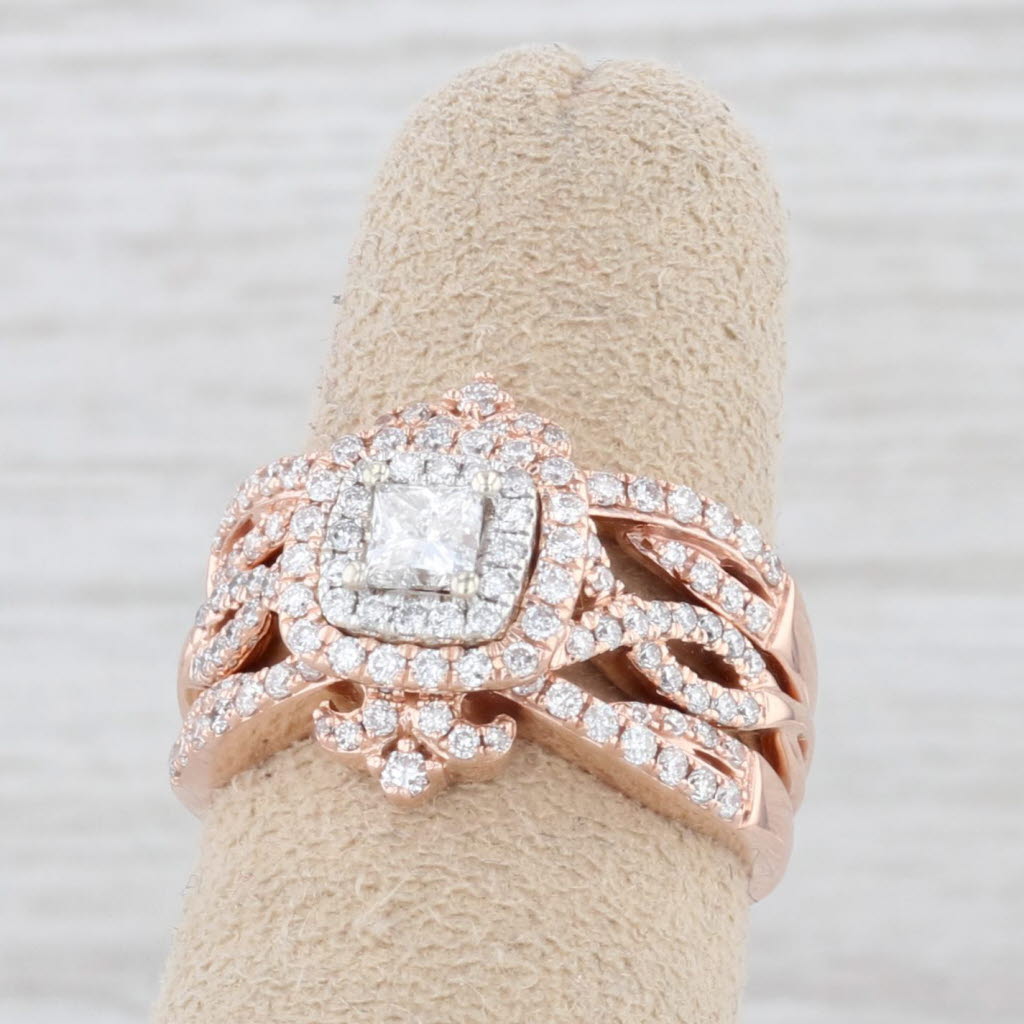 Light Gray 0.86ctw Princess Diamond Halo Engagement Ring 2 Bands Bridal Set 14k Rose Gold