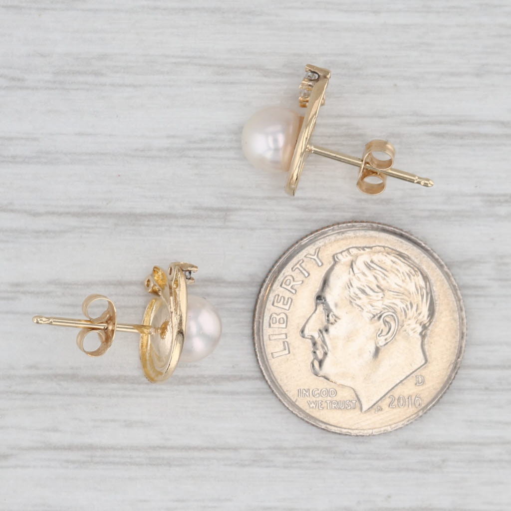 Light Gray Cultured Pearl Diamond Swirl Stud Earrings 14k Yellow Gold