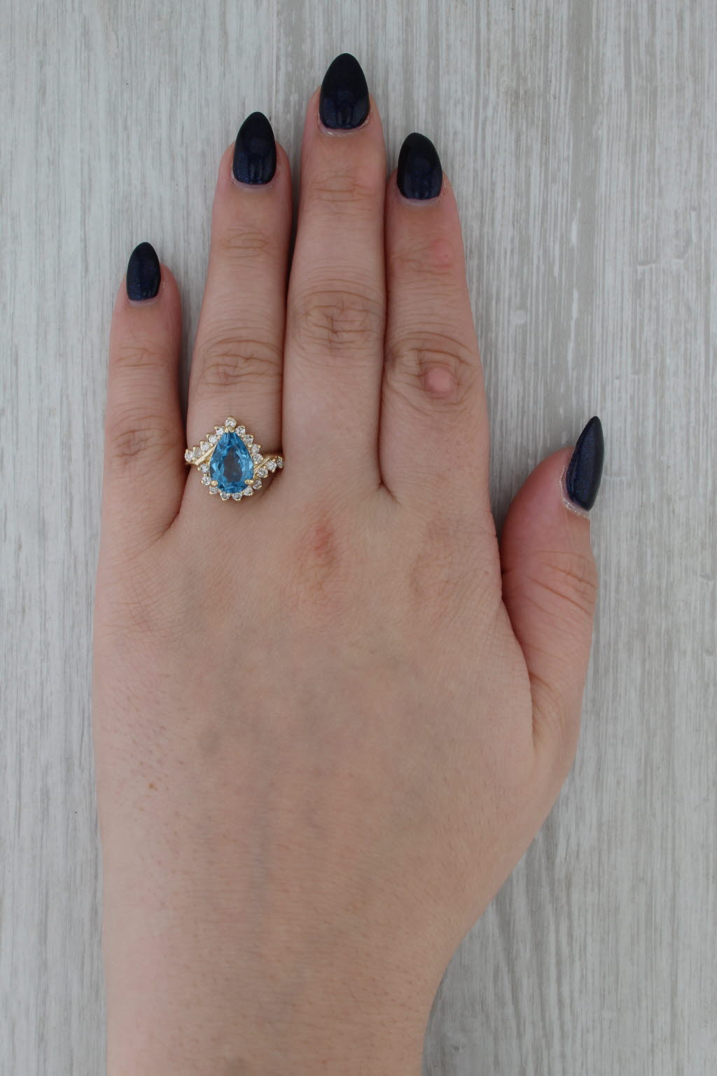 4ctw Pear Blue Topaz Halo Bypass Ring 14k Yellow Gold Size 6.75