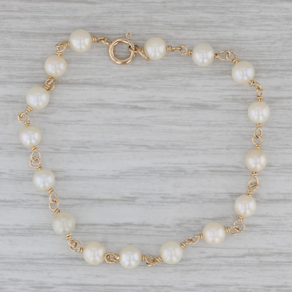 Gray Cultured Pearl Bead Chain Bracelet 14k Yellow Gold 6.5" 5-5.3mm