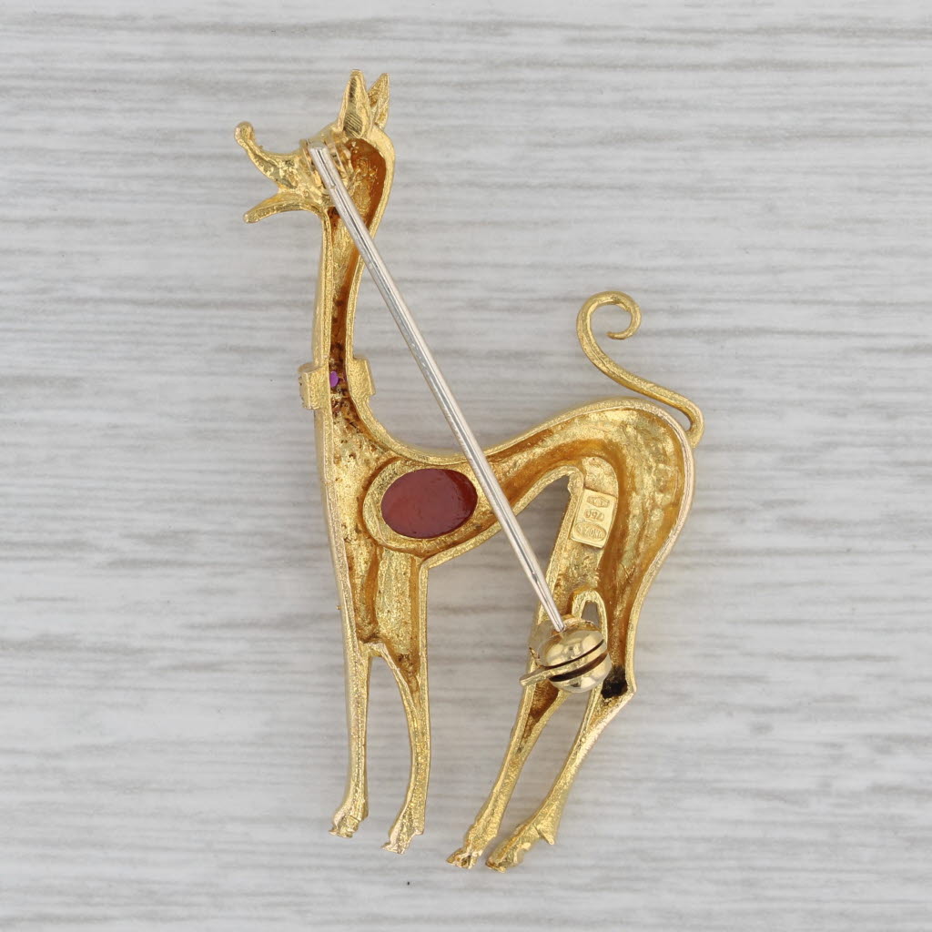 Gray Jeweled Deer Brooch 18k Yellow Gold Lab Created Ruby Glass Statement Pin