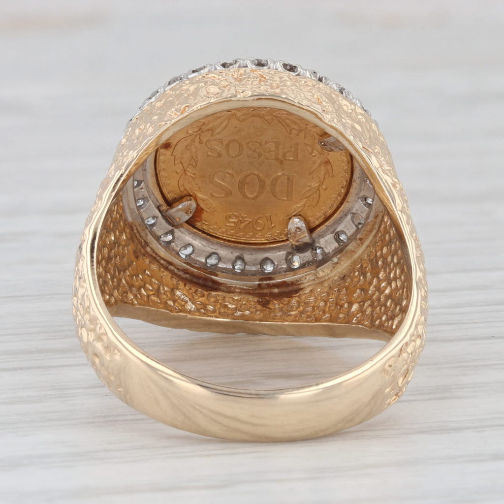 Light Gray 1945 Dos Pesos Mexican Coin Ring 14k Yellow Gold Nugget Band Size 9.75