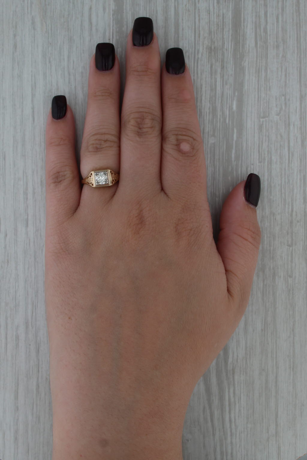 Vintage 0.25ct Diamond Solitaire Ring 14k Yellow Gold Ornate Art Deco Engagement