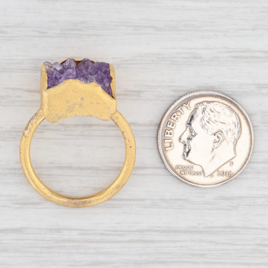 New Nina Nguyen Amethyst Druzy Ring Sterling Silver 22k Gold Vermeil Size 7