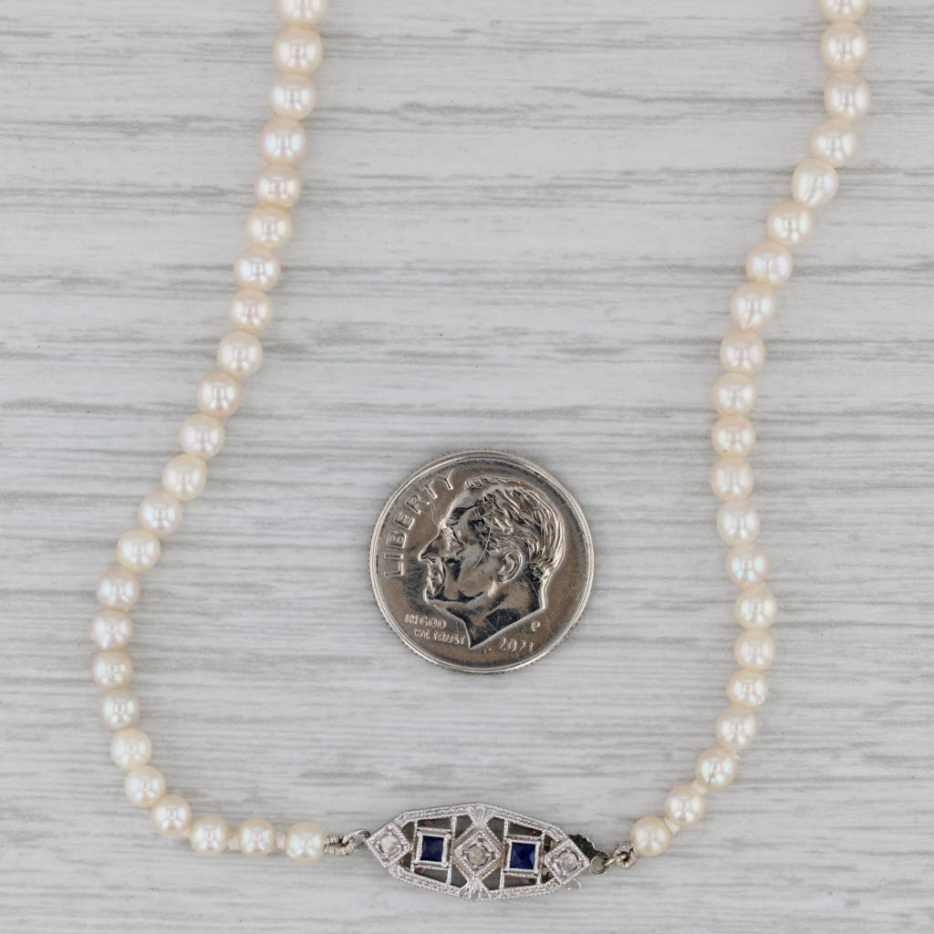 Art Deco Lab Created Sapphire Diamond Graduated Cultured Pearl Necklace 14k Gold