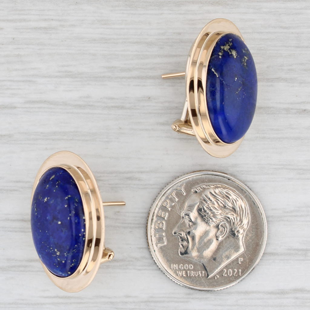 Light Gray Blue Lapis Lazuli Oval Cabochon Stud Earrings 14k Yellow Gold