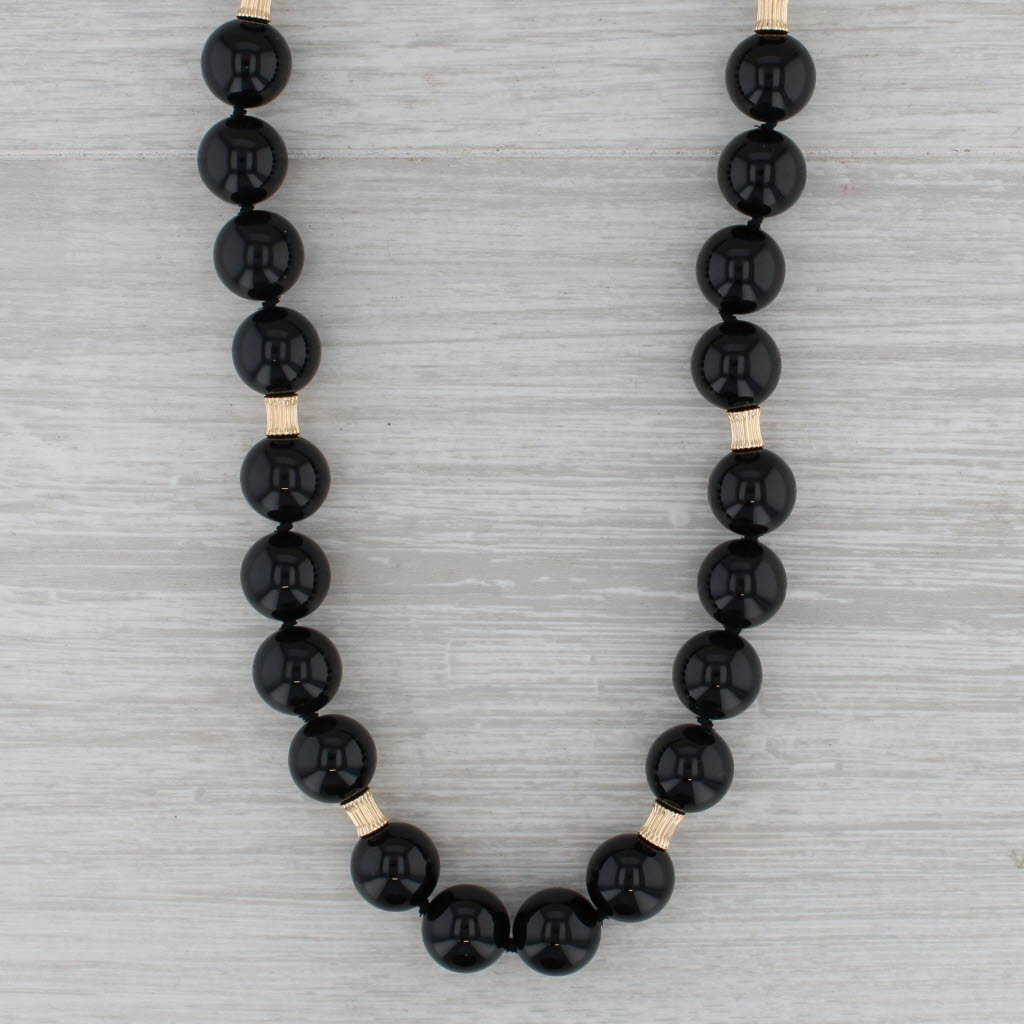 Gray Onyx Bead Necklace 14k Yellow Gold Statement 16.5"