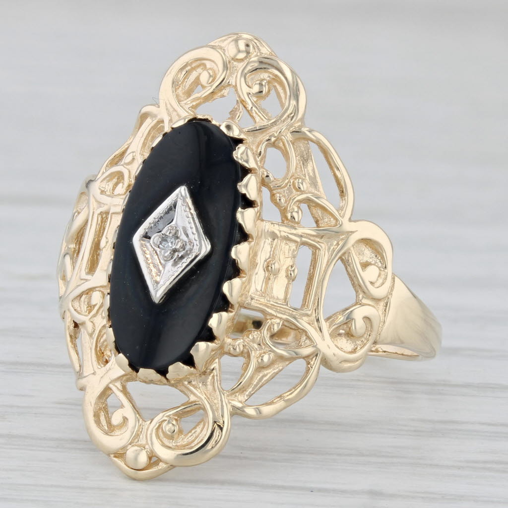 Light Gray Onyx Ornate Signet Ring 10k Yellow Gold Size 9.25 Diamond Accent