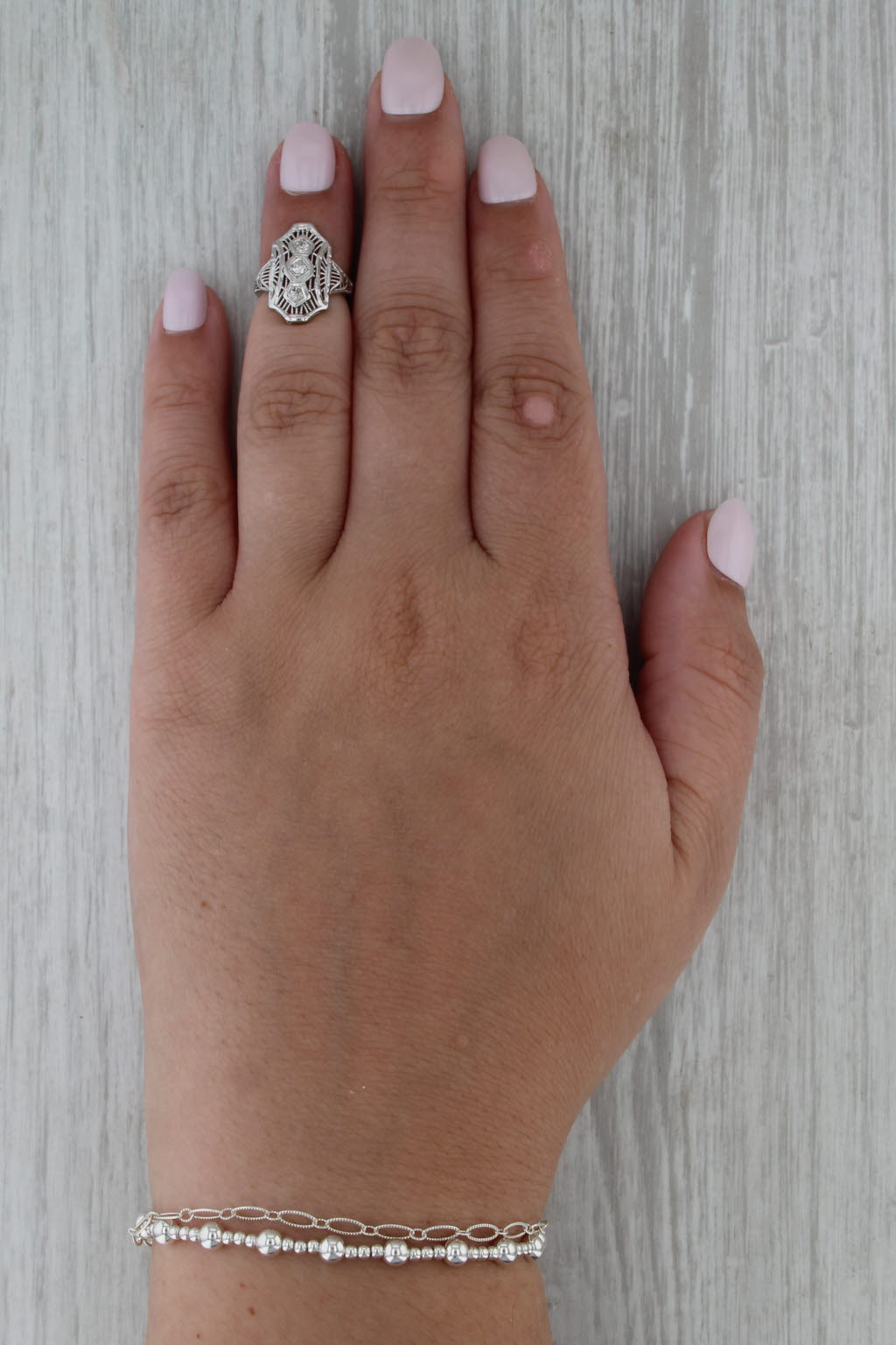Vintage Diamond 3-Stone Filigree Ring 14k White Gold Small Size 1.25
