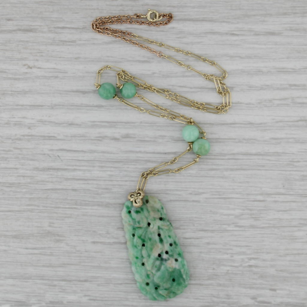 Green Carved Jade Lariat Pendant Necklace 14k Yellow Gold 19" Figaro Chain