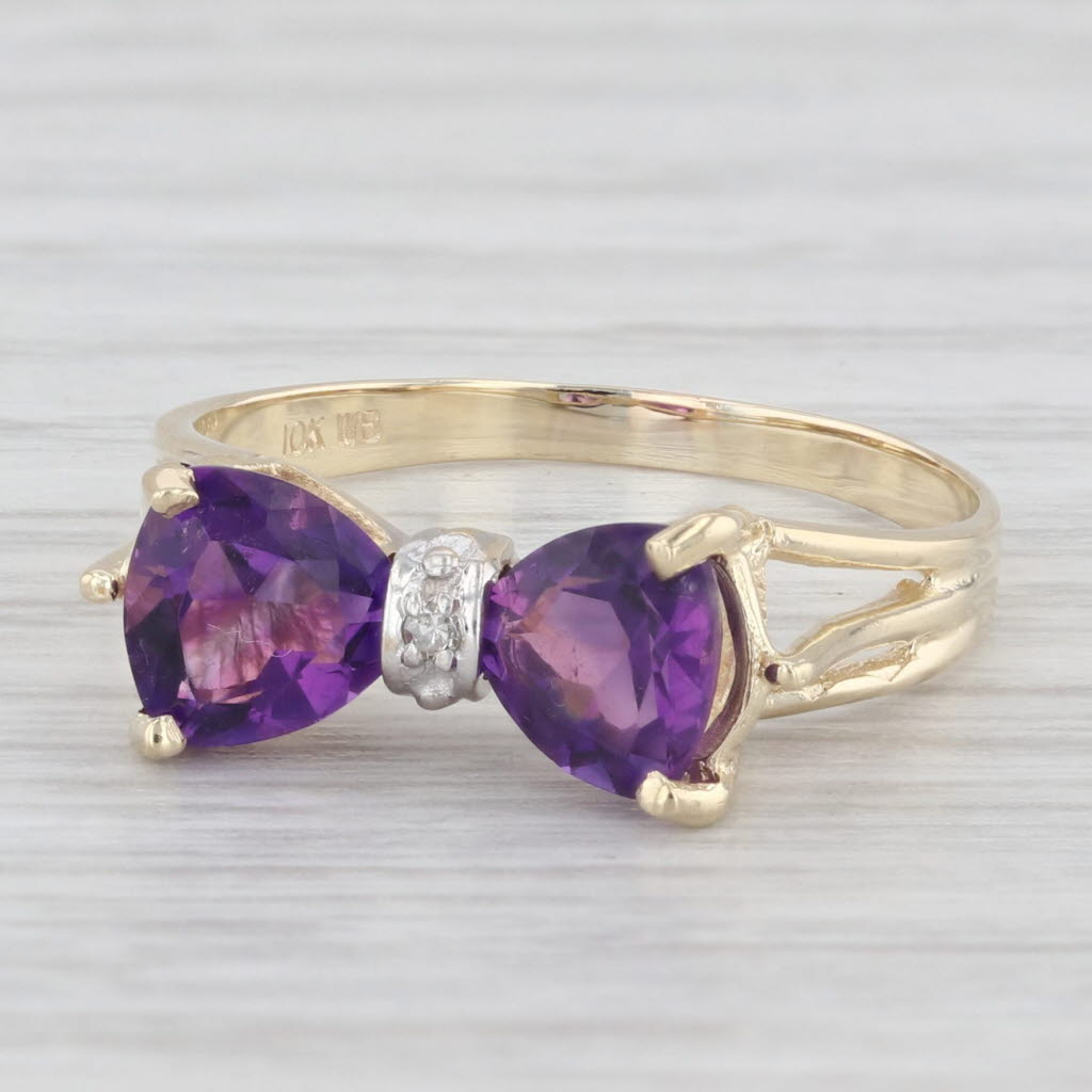 Light Gray 1.30 ctw Amethyst Diamond Bow 10K Yellow Gold Size 7 Ring