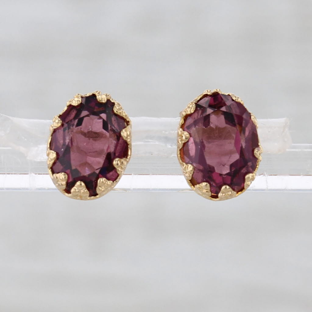 Purple Glass Stud Earrings 10k Yellow Gold Imitation Amethyst Studs