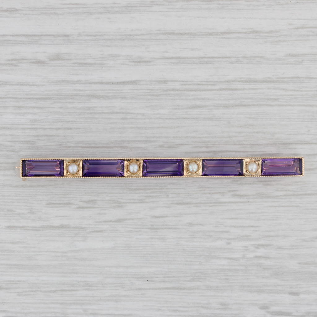Gray Vintage 8.80ctw Amethyst Pearl Bar Pin 14k Yellow Gold Brooch