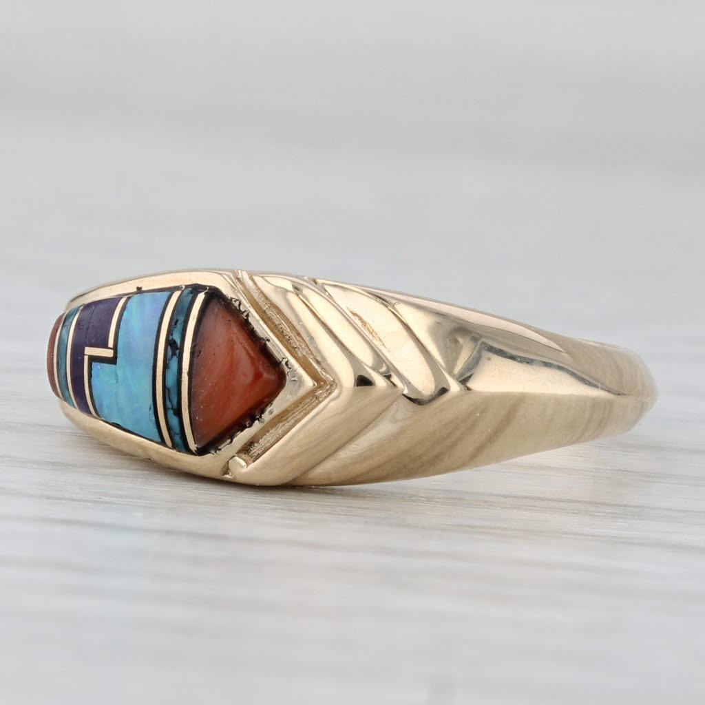 Gray Stone Mosaic Ring 14k Yellow Gold Size 6.75 Coral Turquoise Opal Sugilite Resin