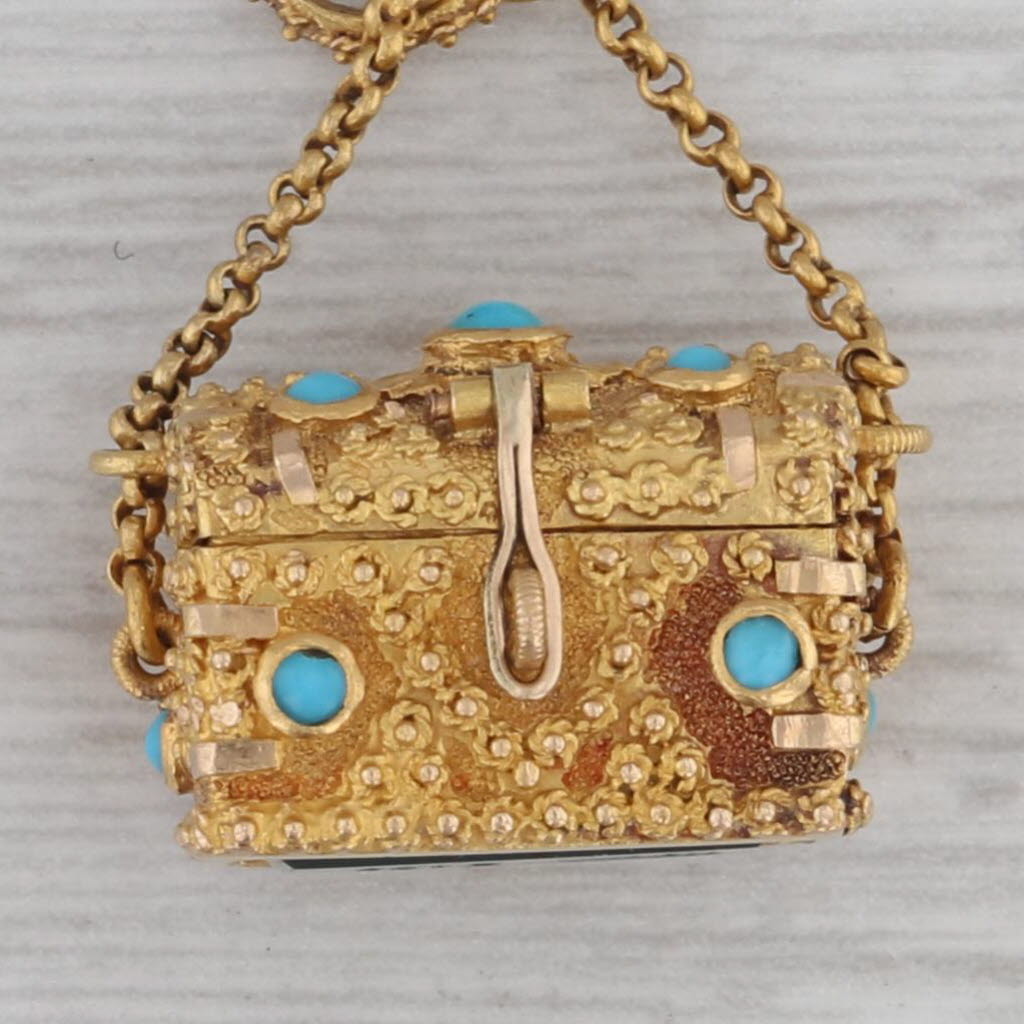 Dark Gray Antique Bloodstone Turquoise Intaglio Treasure Chest Pendant Charm 20k Gold Open