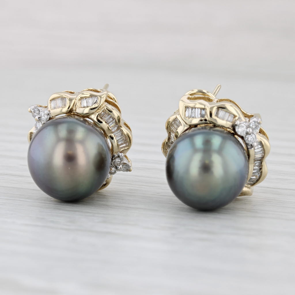 Light Gray Cultured Gray Pearl 1.18ctw Diamond Halo Earrings 14k Yellow Gold Omega Backs