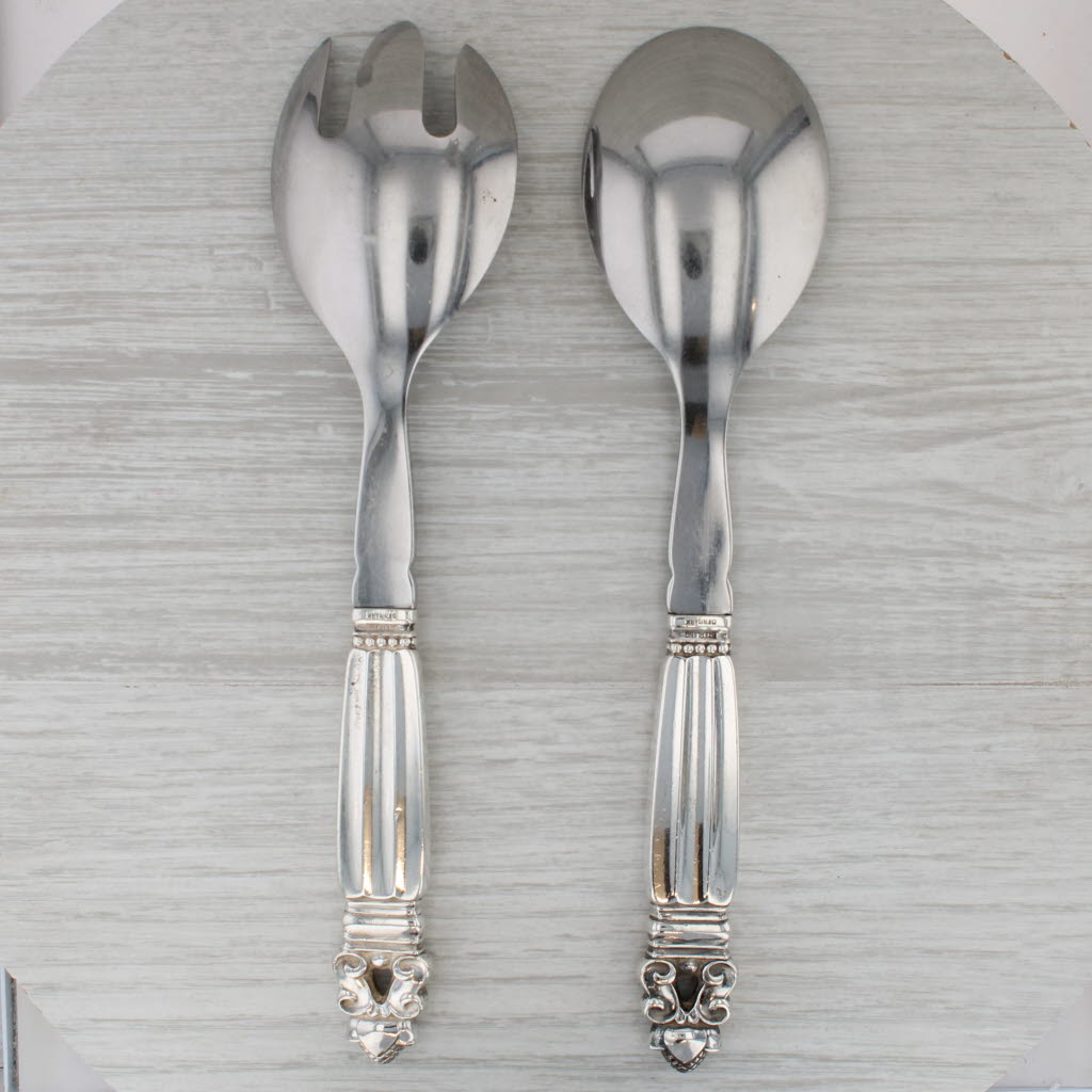 Gray Georg Jensen Denmark Acorn Salad Spoon Fork Set Sterling Silver Stainless Steel