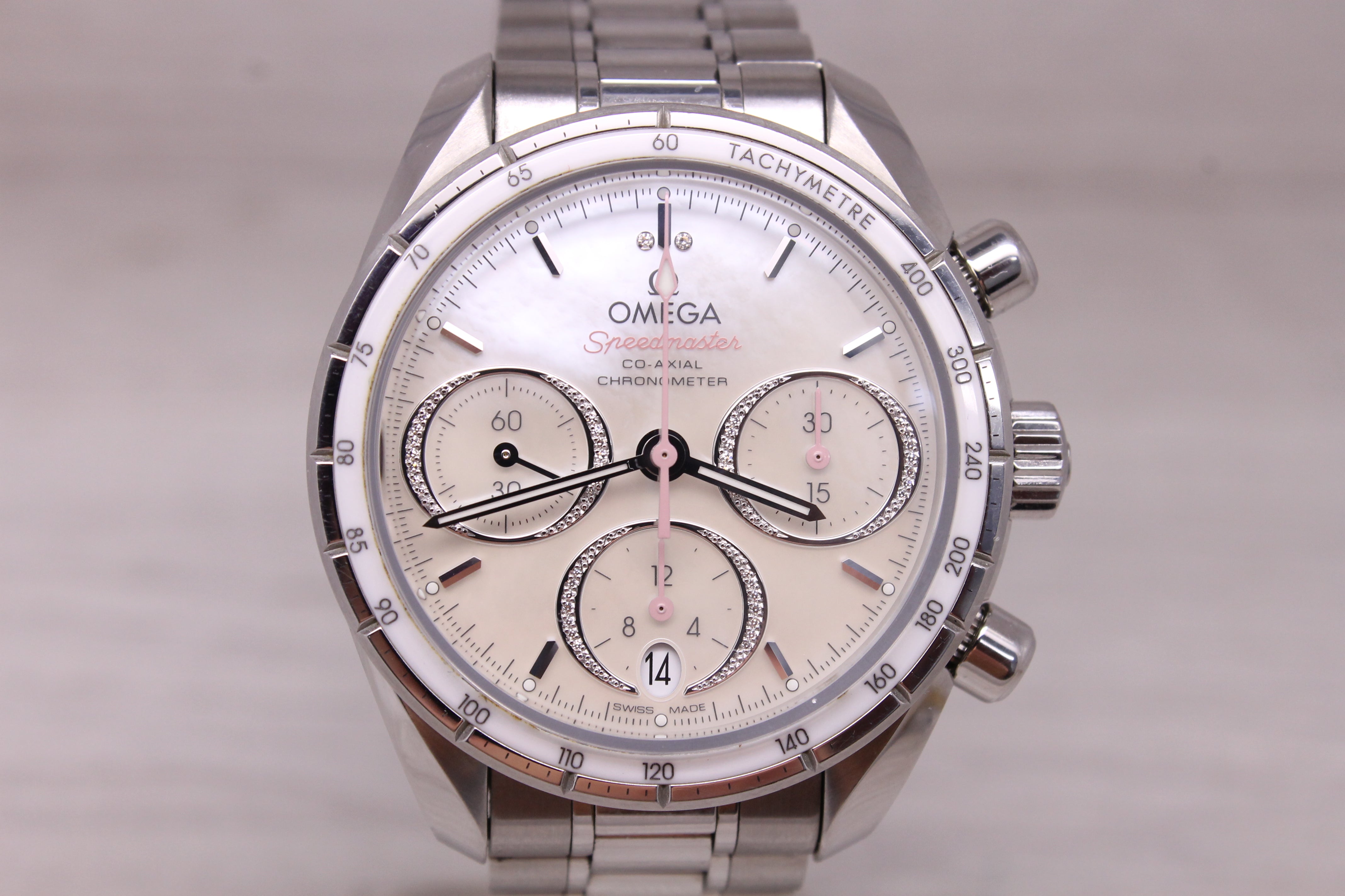 Omega Speedmaster 38mm Automatic Chronograph Watch Pink MOP Diamond Box Cards