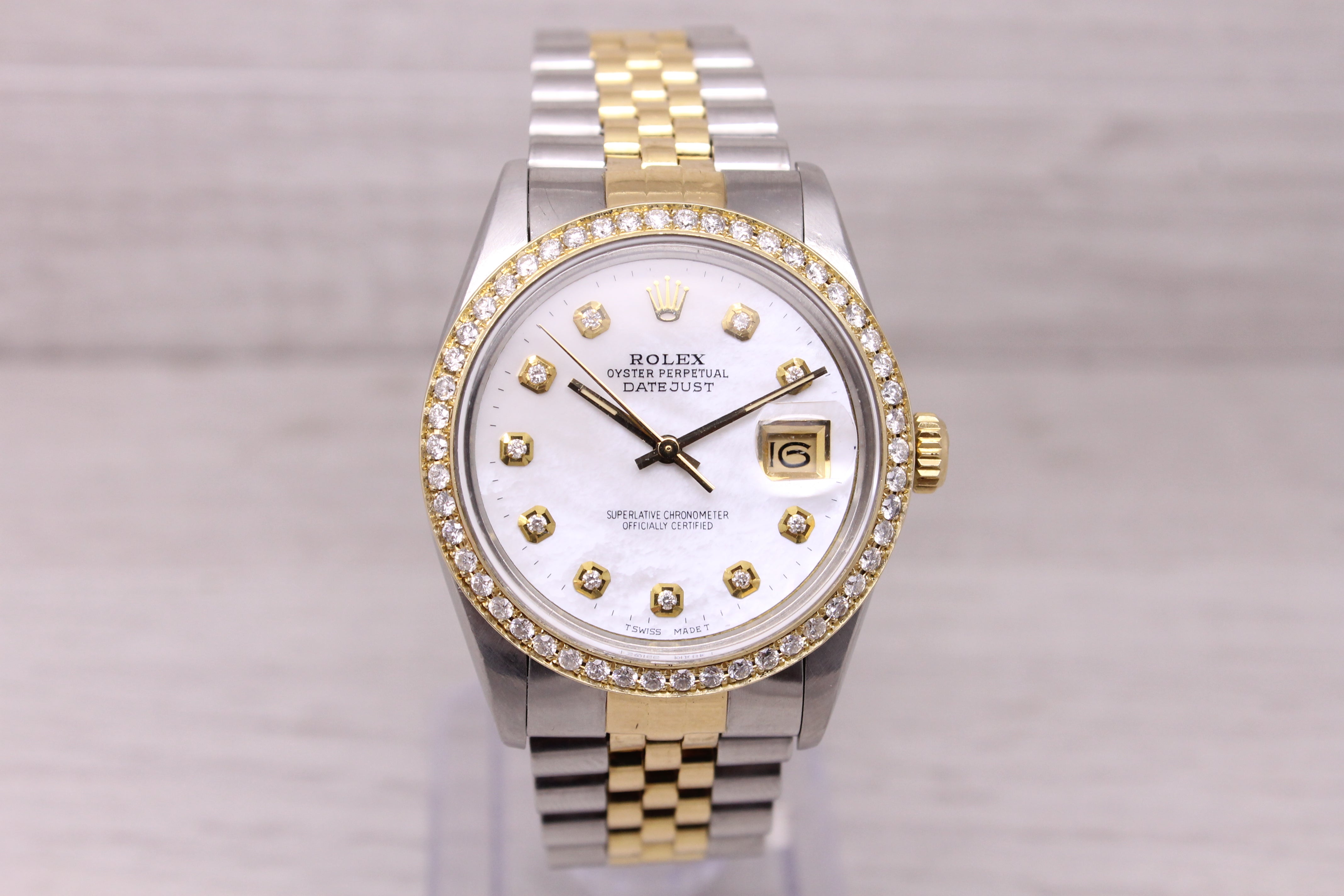 Vintage 1984 Rolex Datejust 16013 Mens Steel 18k Watch Diamond Bezel & MOP Dial