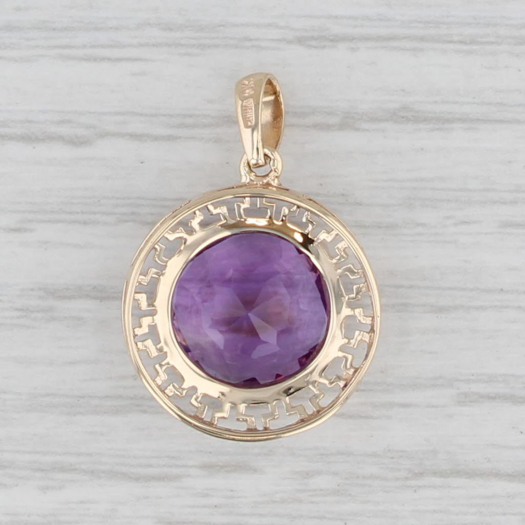 Light Gray 5ct Round Amethyst Solitaire Pendant 10k Yellow Gold Greek Key Pattern