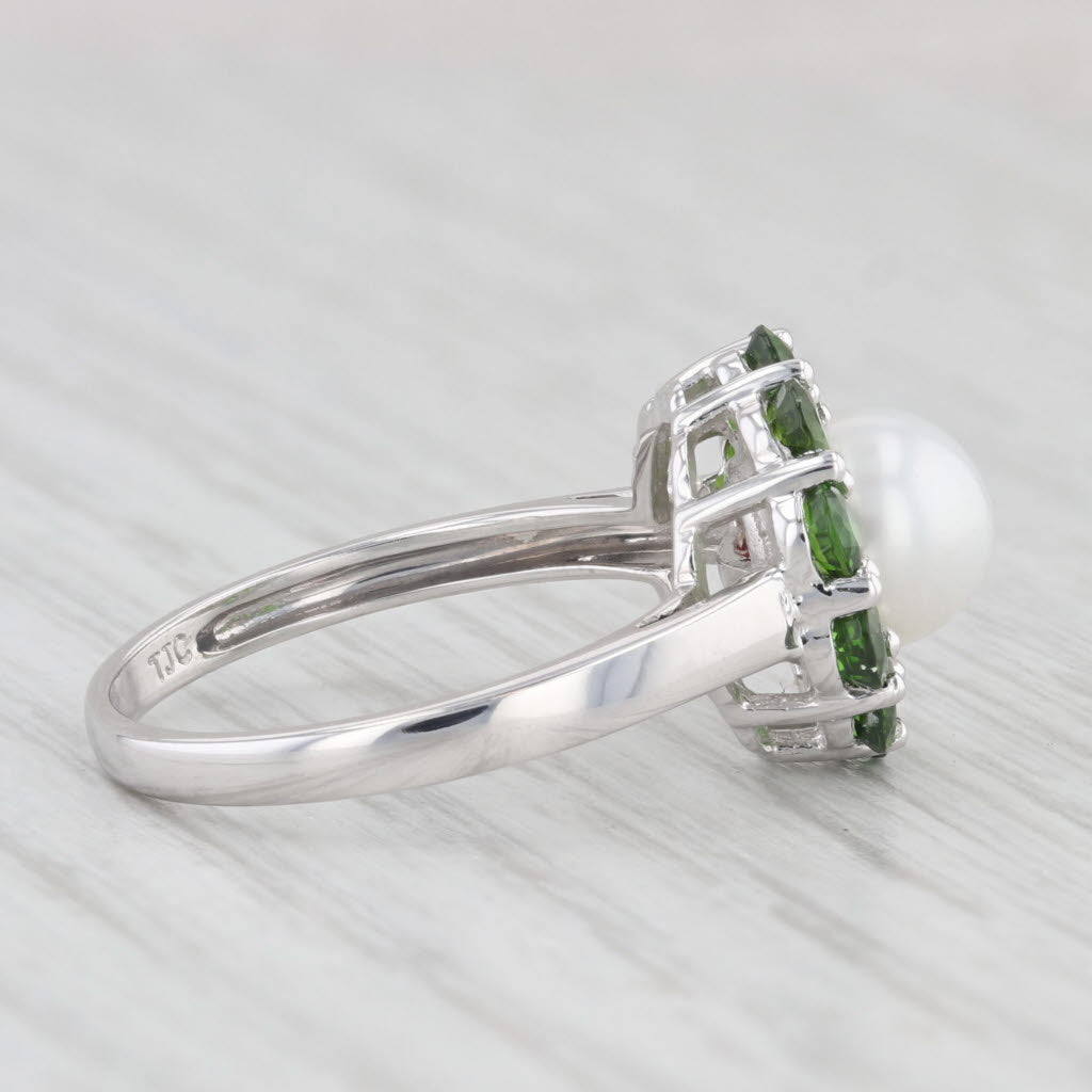 Light Gray Cultured Pearl Green Chrome Diopside Halo Ring 10k White Gold Size 7