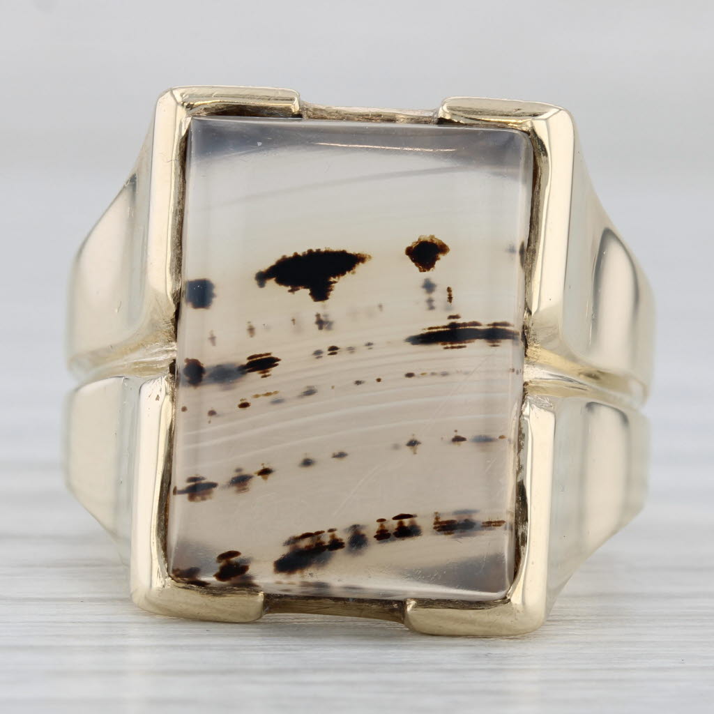 Gray Vintage Montana Moss Agate Cabochon Solitaire Men's Ring 10k Gold Size 10.25